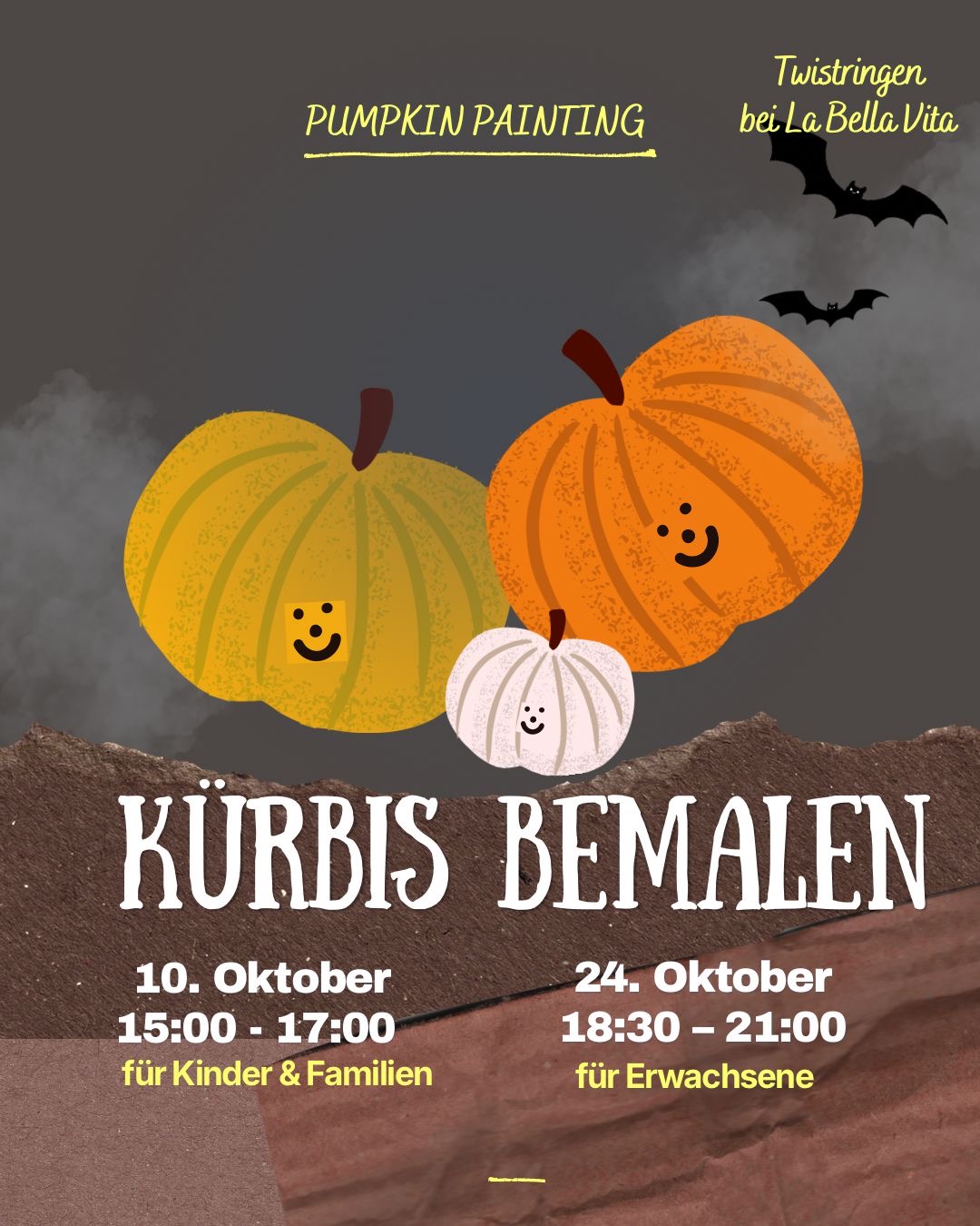 Kürbis Bemalen Event Flyer – Oktober 2026 bei La Bella Vita